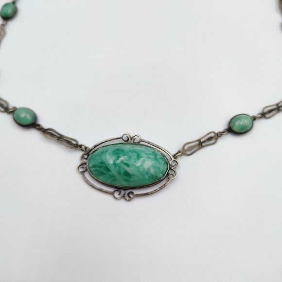 Vintage Sterling Silver 925 Green Pekin Glass Art Deco Necklace 16" - Picture 5 of 16